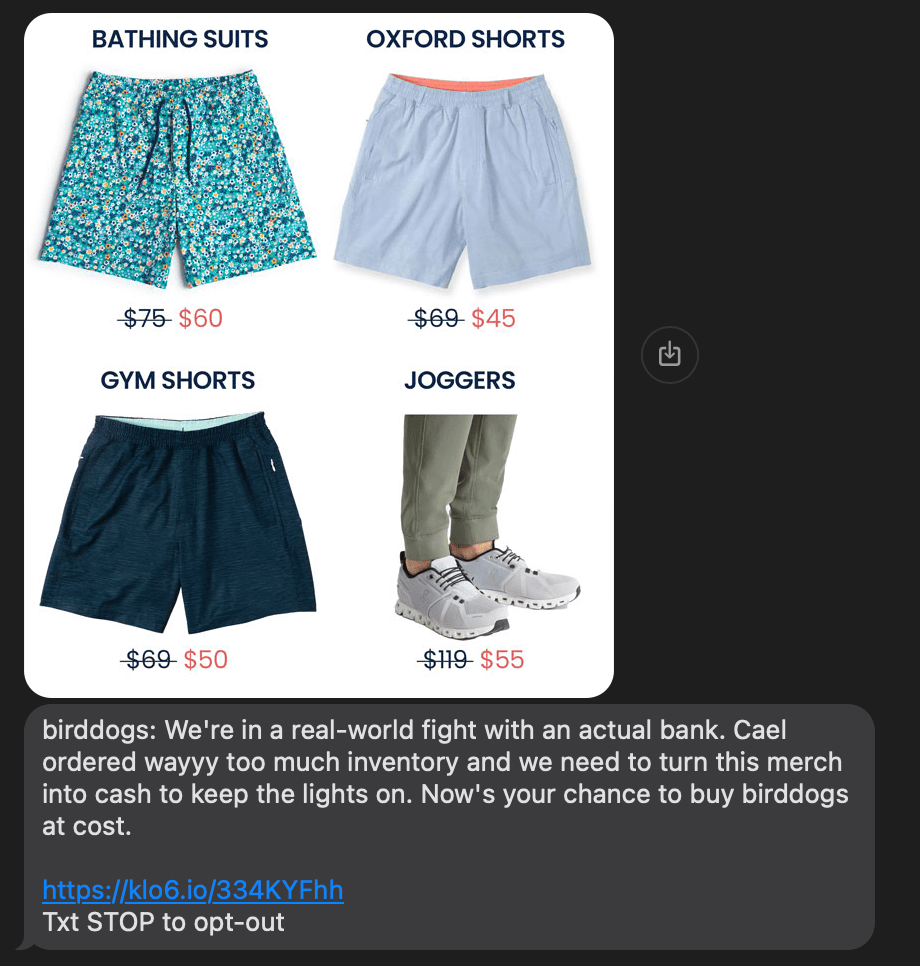 Image example of how Birddog leverage SMS as a performance channel but still retain a unique brand voice